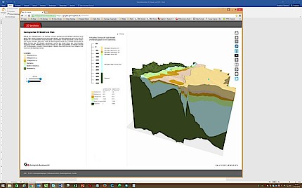 Screenshot of the Webviewer "3D Geology" showing a 3D model of the city of Vienna including a virtual drill log and the legend of the six geological units