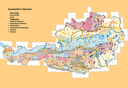 Karte der Baurohstoffe in Österreich mit punktueller Darstellung von Kiesen, Sanden und Festgestein