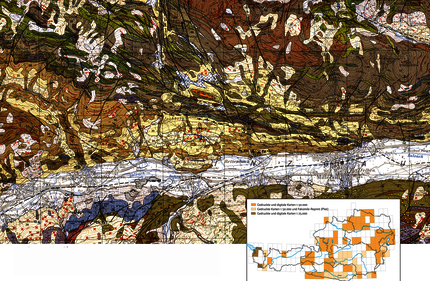 Ausschnitt der Geologische Karte Kitzbühel (Blatt 122), Mittersill und Umgebung. Rechts unten eine Übersichtskarte von Österreich die die Verfügbarkeit der Kartenblätter zeigt.