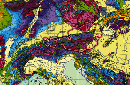 Ausschnitt der Geologische Karte von Europa mit Österreich und seinen Nachbarländern
