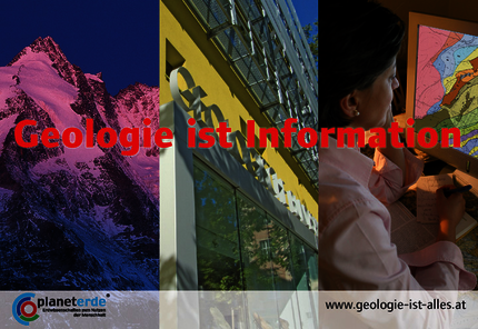 The image is divided into three vertical parts. The the left mount Großglockner in the morning light. In the middle the entrance hall of the Geological Survey of Austria and to the right a woman in front of a computer screen.