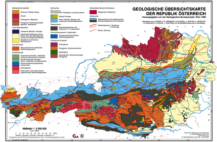 Karte mit den geologischen Zonen von Österreich, inklusive Legende