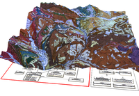[] With a geological map superimposed digital terrain model, including a structural diagram.