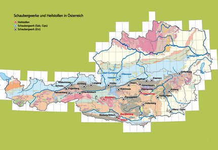 Karte der Schaubergwerke, wie Salzbergwerk Hallstadt und Heilstollen in Österreich