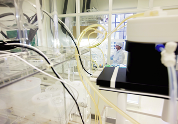 A lab with a lot of hoses, wires, transparent containers and a black device. In the background a man in white working clothes, gloves and headgear.