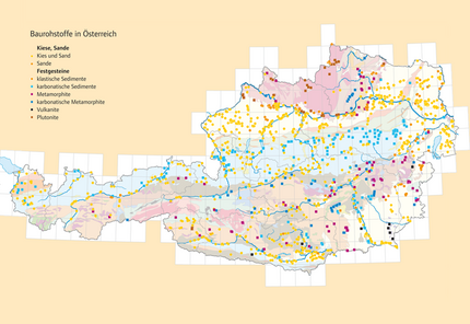 Karte der Baurohstoffe in Österreich mit punktueller Darstellung von Kiesen, Sanden und Festgestein