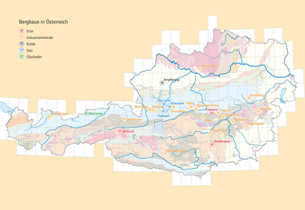 Karte der Bergbaue in Österreich. Dargestellt sind: Erzen, Industrieminerale, Kohle, Salz und Ölschiefer
