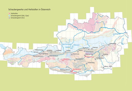Karte der Schaubergwerke, wie Salzbergwerk Hallstadt und Heilstollen in Österreich