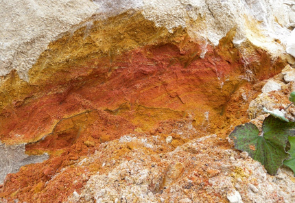 By iron minerals white, orange and red coloured sands. To the right a green leaf.