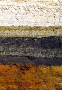 Layers of white, yellow, black and orange sands.