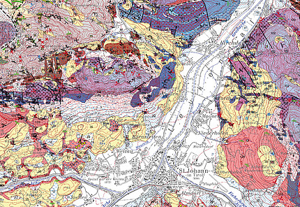 Ausschnitt einer provisorische Geologische Karte. Rechts unten eine Übersichtskarte von Österreich die die Verfügbarkeit der Kartenblätter zeigt.